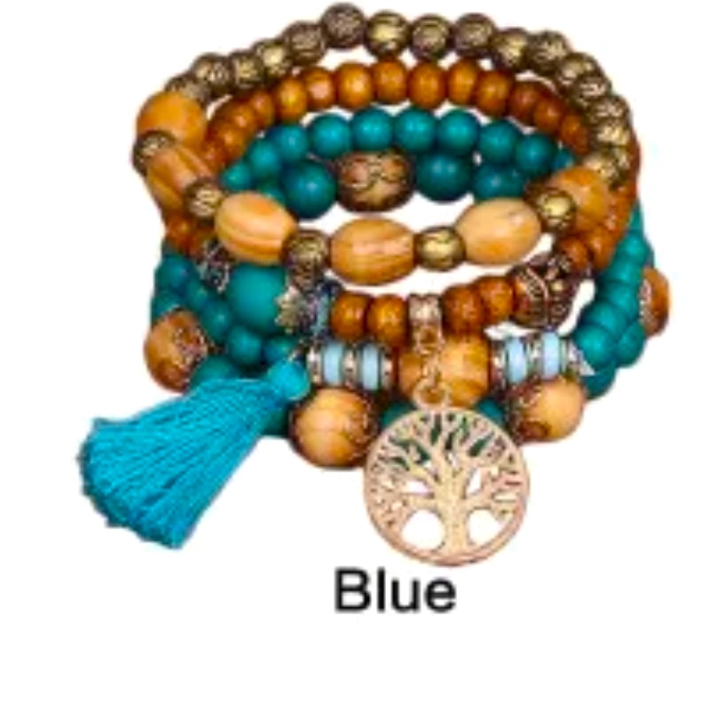 New Blue Multi Beaded Bracelets Tassels Surf Beach Hippie BOHO Charms 4PCS - Picture 2 of 5